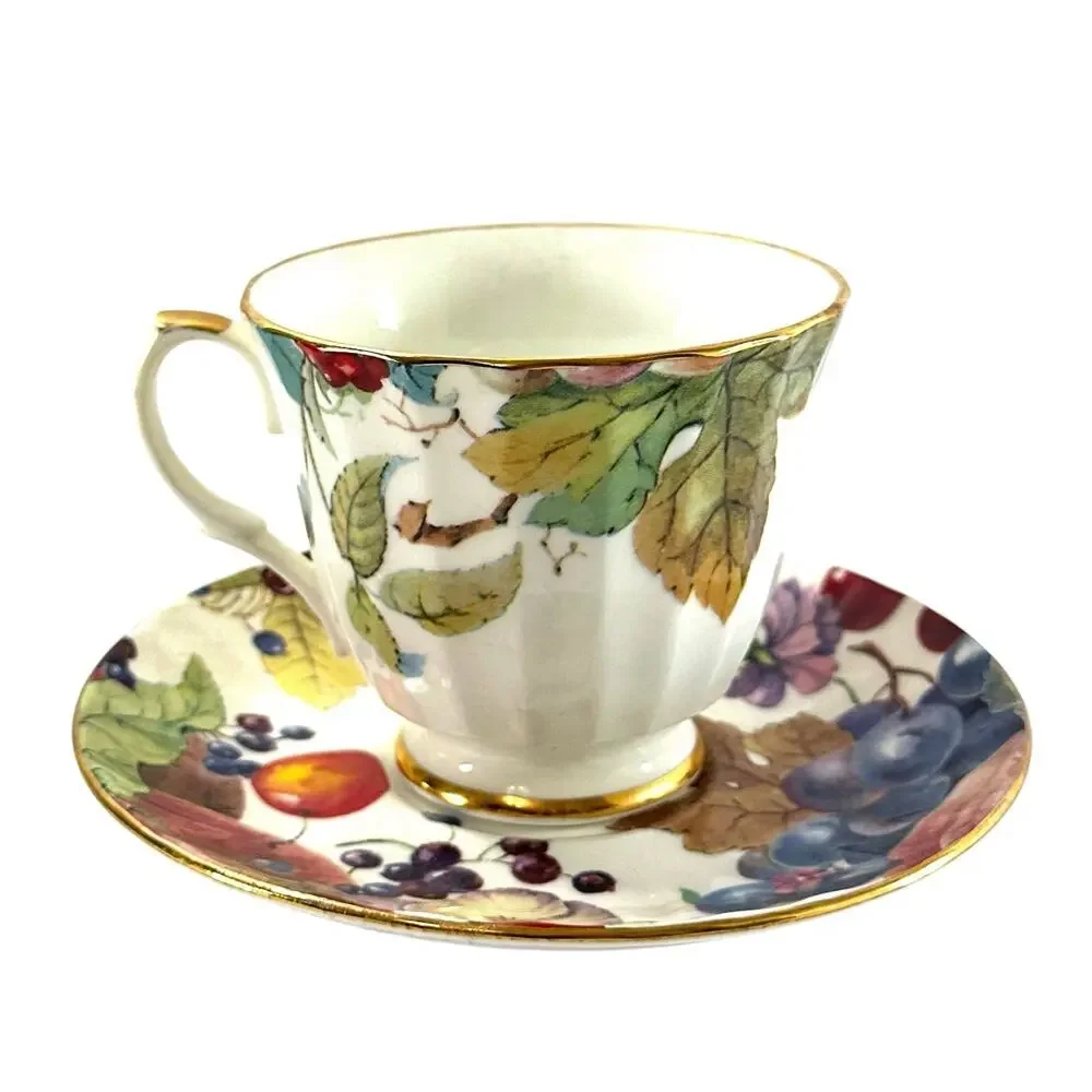 Duchess Fine Bone China England Teacup Saucer Set Fruit Floral Gold Trim